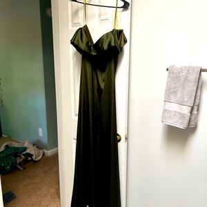 Revelry Bardot Satin bridesmaids dress in deep olive - never worn!